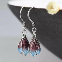 Dangle Earrings Vintage Gradient Blue Lotus Flower Female Ethnic Jewelry Silver Color Cloisonne Bud Blossom Drop