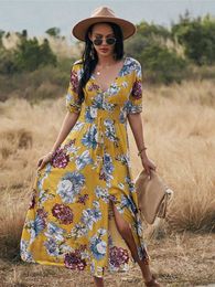 Casual Dresses Dress Spring/Summer Long Floral Stretch Belt Women 2022 New Sexy V-neck Slim High Waist Ladies A-line Print Long Dress G230311