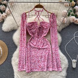 Casual Dresses Autumn Pure Desire Wind Clavicle Hanging Neck Lace-up Hollow Floral Sexy Package Hip Dress
