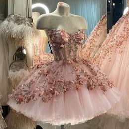 Party Dresses Spaghetti Strap Crystals Beaded Lush Fluffy Tulle Ball Gown KneeLength Evening Dress Baby Pink Prom 3D Floral Pattern 230310