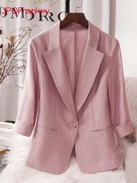 Women's Suits Blazers Linen pink thin small suit coat women's summer cotton linen short slim suit women's top 230311