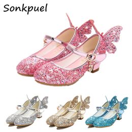 Sneakers Princess Butterfly Leather Shoes Kids Diamond Bowknot High Heel Children Girl Dance Glitter Shoes Fashion Girls Party Dance Shoe 230310