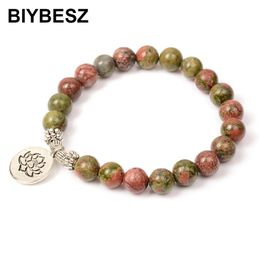 Strand 8mm Unakite Stone Beaded Bracelet Yoga Mala OM Lotus Bracelets For Women Men Charm Handmade Jewelry Gifts Strands