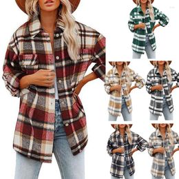 Women's Polos Flannel Plaided Shirt Coat Long Sleeve Button Down Chest Pocketed Drop