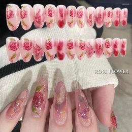 False Nails 24pcs Detachable Oval Head With Rose Flower Designs French Ballerina Fake Full Cover Nail Tips Press On