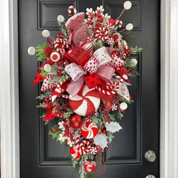 Decorative Flowers Christmas Wreath Garland Candy Cane Bow Ornament Xmas Front Door Hanging Wall Home Decor