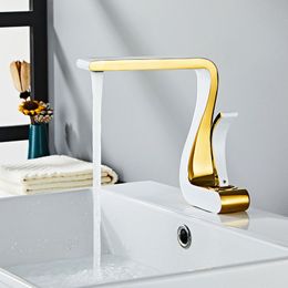 Bathroom Sink Faucets Tuqiu Basin Faucet Gold and White Bathroom Faucet Mixer Tap Brass Gold Wash basin Faucet and Cold Sink Faucet Modern 230311