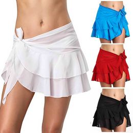 Women's Swimwear 2021 sexy Bikini Cover Up solid See Through Short Beach Dress Swimwear Pareo Wrap Sarong Skirt Swimsuit Women Beachwear Y2303