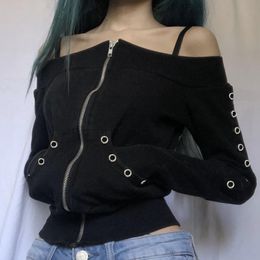 Women's Jackets Retro Oneshoulder Crop Top 2023 Spring Sexy Offshoulder Pocket Zipper Slim Longsleeved For Women 230310