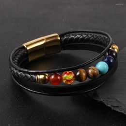 Strand Women Men Natural Stone 7 Chakras Beads Multilayer Black Cowhide Leather Bracelet Yoga Healing Stainless Steel Buckle Bangle