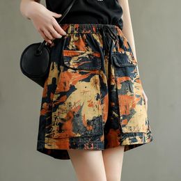 Women's Jeans High Quality Women Loose Elastic Waist Denim Shorts Casual Oversize Vintage Printed Wide Leg