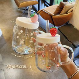 Mugs High-value Fruit Animal Glass Large-capacity Creative Printing Straw Cup Juice Household Portable Water