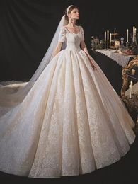 vintage Long Sleeve Ball Gown Wedding Dresses Bridal Gowns Sheer Jewel Neck Lace Appliqued Sequins Plus Size Robe De Mariee Custom Made crystal princess dress