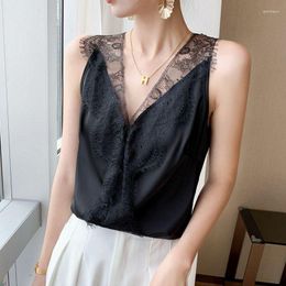 Women's Blouses Lace V-Neck Solid Women Faux Silk Vest Top Strap Tank Tops Casual Sleeveless Shirts Blouse Camisetas Tirantes Mujer Outfit