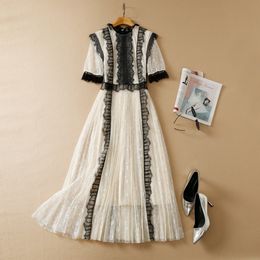 Summer Short Sleeve Round Neck Dress Champagne Contrast Color Black Lace Panelled Pleated Long Maxi Elegant Casual Dresses 22Q042326