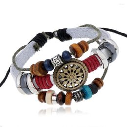 Charm Bracelets Fashion Punk Jewellery Stretchable Multilayer Cowhide Retro Bracelet Western Denim Wooden Black Gallstone Beaded Leather