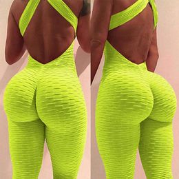Women's Jumpsuits Rompers Sexy Women Cross Backless Fitness Romper Playsuit Mesh Female High Waisted Jumpsuit Combinaison Femme Hollow out Bodysuit 230311