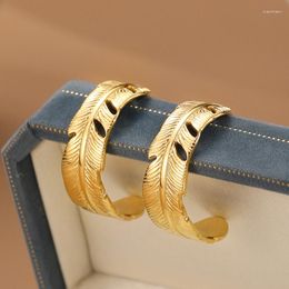 Hoop Earrings Vintage Stainless Steel Gold Color Big Circle C-shape Feather For Women Ethnic Jewelry Trend