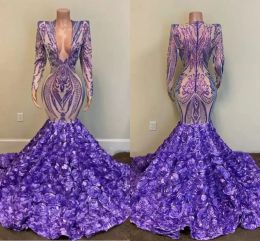 Purple Mermaid 2023 Prom Dresses Sequins Applique Deep V Neck Long Sleeves Flowers Custom Made Ruched Evening Party Gowns Vestidos Formal Ocn Wear Plus Size estidos