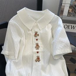 Women's Blouses & Shirts Women Single Breasted Bear Embroidery Floral Casual Sweet Girl White Short Sleeve Turn Down Collar Top 2023 BlusaWo