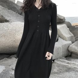 Casual Dresses Women Black Single Breasted Knitted Maxi Dress Elegant Long Sleeve V Neck Solid A Line Sweater Party 2023