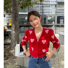 Women's Knits Tee's Clothing Winter Leisure Cardigan Knitting Tops Red Heart Pattern V Neck Singlebreasted Sweater Vintage Short Outerwear 230311
