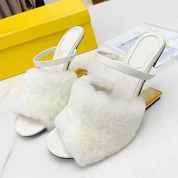 Newest Designer High heeled slippers womens sandals Fashion Mink hair Real wool F heel shoes Genuine Leather sole Heels women sandal slipper factory shoe