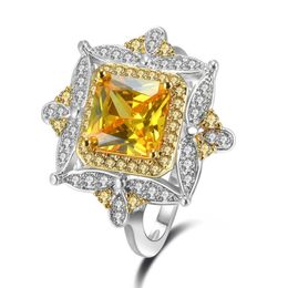 Wedding Rings Fashion Luxury Princess Ring Silver Colour Yellow Crystal Women Party Engagement Jewellery Gift