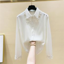 Women's Blouses & Shirts Camisa Blanca Mujer Manga Larga Beading Fringed White Blouse Women Long Sleeve Design Chiffon Female