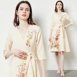 Casual Dresses French Elegant Long Sleeve Champagne Colour Formal Spring Summer V-neck Flower Embriodery Feminino Party VestidosCasual