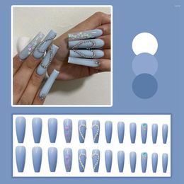 False Nails 24Pcs Blue Colour Fake Long T European And American Heart Rhinestone Detachable Nail Patches Coffin Ballerina