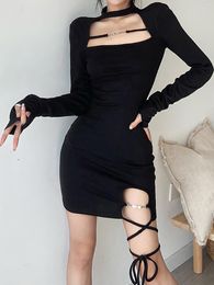 Casual Dresses 2023 Dark Cyber Y2k Sexy Bandage Women Dressses Techwear Hollow Out Long Sleeve Mini Dress Gothic Grunge Black Skinny