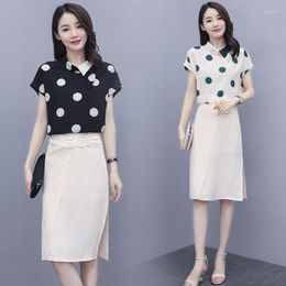 Work Dresses Women Summer Two Piece Suits Elegant Short Sleeve Dot Tops Blouse Shirt And Skirt Office Lady 2 Pieces Sets