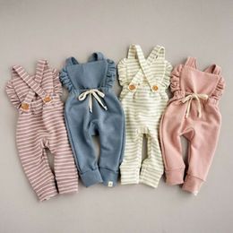 Rompers Fast 03Years Lovely born Baby Girl Cotton Ruffle Sleeveless Solid Romper Striped Jumpsuit Outfit Clothes 230311