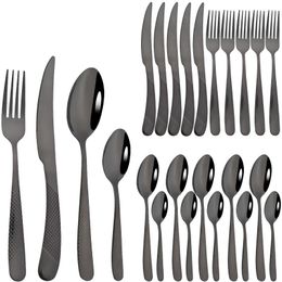 Dinnerware Sets AJOYOUS 24Pcs Set Fork Knife Tea Spoon Black Tableware Kitchen Stainless Steel Flatware Silverware Bright Cutlery