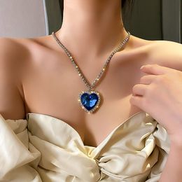 AFSHOR Hot New Trendy Shiny Diamond Choker Big Blue Colour Zircon Pendant Clavicle Chain Necklaces For Women Fine Jewelry Factory Spot Goods