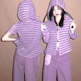 Women's Hoodies Sweatshirts 2023 Purple Punk Striped Summer Thin Short Sleeve Y2k Aesthetic Zip Up Gothic Harajuku Sweatshirt Femme 90s 230311