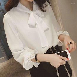 Women's Blouses 2023 Spring Autumn Teen Girls Long Sleeve Bow Collar Tops Office Lady Chiffon White Shirt Women Blouse Shirts