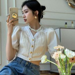 Women's Blouses French Vintage Bubble Sleeve Patchwork Shirt Womens Metal Button Elegant Crop Tops Female Summer 2023 Fashion Woman Top