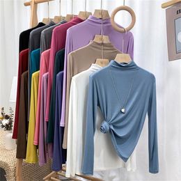 Women's Blouses Women Long Sleeve Turtleneck Tops All-match Simple Basic Bottom T-Shirts Fashion Soft Cotton 11 Colour Blue Purple 2023