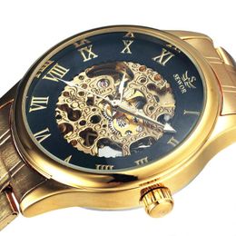 Wristwatches Luxury Golden Mechanical Automatic Wrist Watch Men Roman Dial Clock Stainless Steel Band Male Skeleton Watches Gift