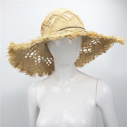 Wide Brim Hats Summer Beach Women Fedora Cap Vacation Floppy Straw Sun Hat 46cm Hand Made RaffiaWide