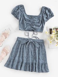 Work Dresses ZAFUL Skirt Set Ditsy Print Cinched Flounce Tie Women Two Piece Matching Puff Sleeve Crop Top And Mini Twinset