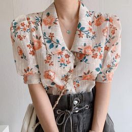 Women's Blouses Women Blouse Flowers Printed Turn Down Collar Tops Short Puff Sleeve Retro Ladies Straight Shirts Elegant Blusas Femininas