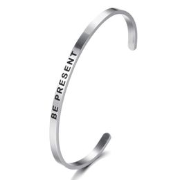 Bangle Custom Saying Quotes Engraved BE PRESENT Friendship Love'Bracelet Mantra Jewelry Personalized Inspirational Bracelet