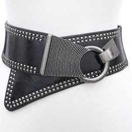 Belts Women Rocker Punk Belt Metal Round Elastic European Style Buckle Wide Leather