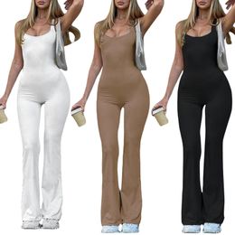 Women's Jumpsuits Rompers Women Sexy Bodycon Long Sleeve Square Neck OnePiece Romper Ribbed Knit Yoga Jumpsuit Workout Unitard Playsuit Backless Jumpsuits 230311