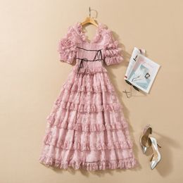 Summer Short Sleeve Dress V Neck Pink Solid Colour Lace Panelled Ruffle Detail Mid-Calf Plus Size XXL Elastic Waist Elegant Casual Dresses 22Q042325