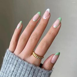 False Nails 24Pcs/Box Green White Detachable Almond Wearable French Artificial Fake Full Cover Nail Tips Press On