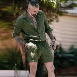 Men's Tracksuits Men's Summer Lapel Long Sleeve T-shirtShorts Casual Suit Simple Solid Color Loose 2 Piece Sets Man Sports Comfort Outfits 230311